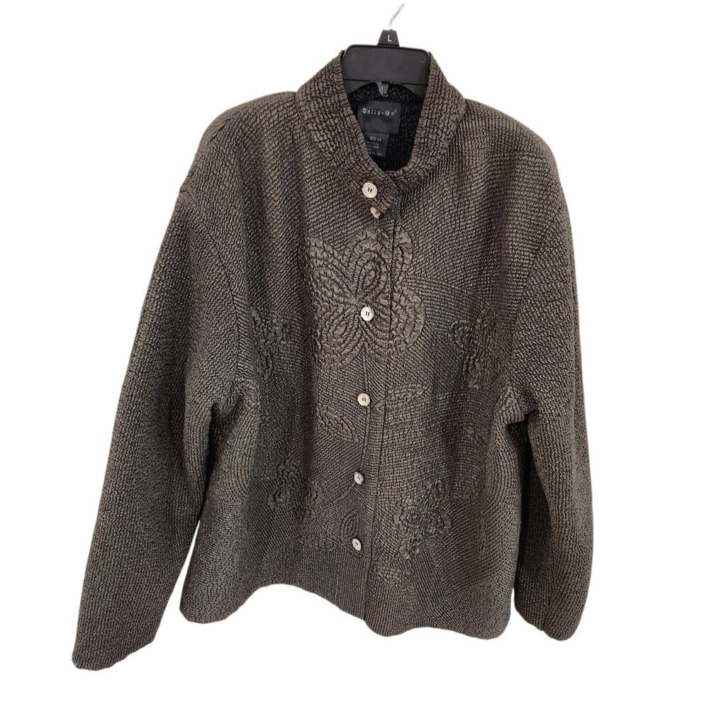 Tally Ho Jacket Women Plus 2X Button Up Dark Olive Textured Embossed Lightweight